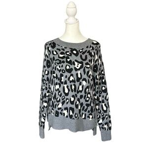 Stella & Dot Animal Print Ribbed Trim Side Button Closure Sweater Sz Medium